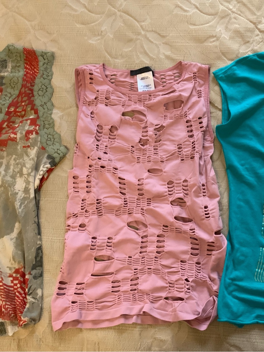 Lot of 3 Vintage Y2K Tops XS S Benetton Lace Trim Guess Slashed Cutout Teal Tank